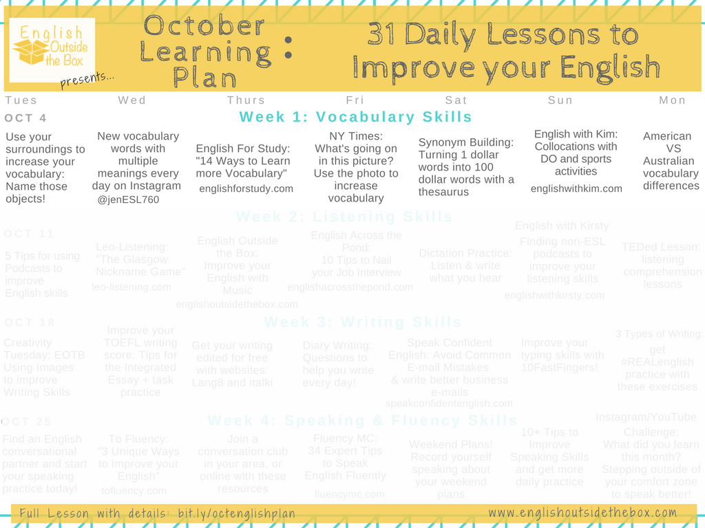 31 Daily lessons to Improve English Fluency | Learn English Online with English Outside the Box | Vocabulary